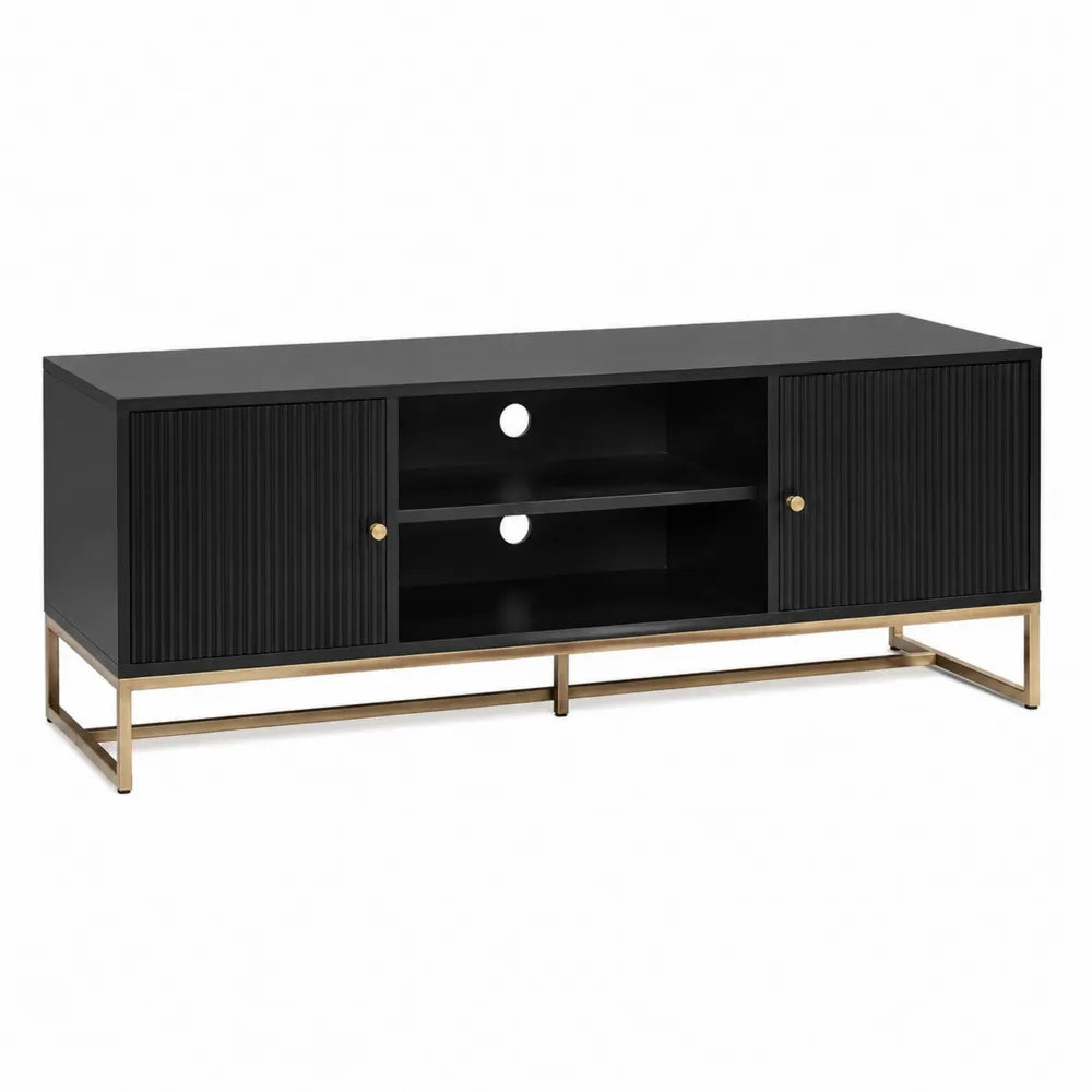 Mueble de TV de MDF negro con base de acero dorada 150x40x50 cm