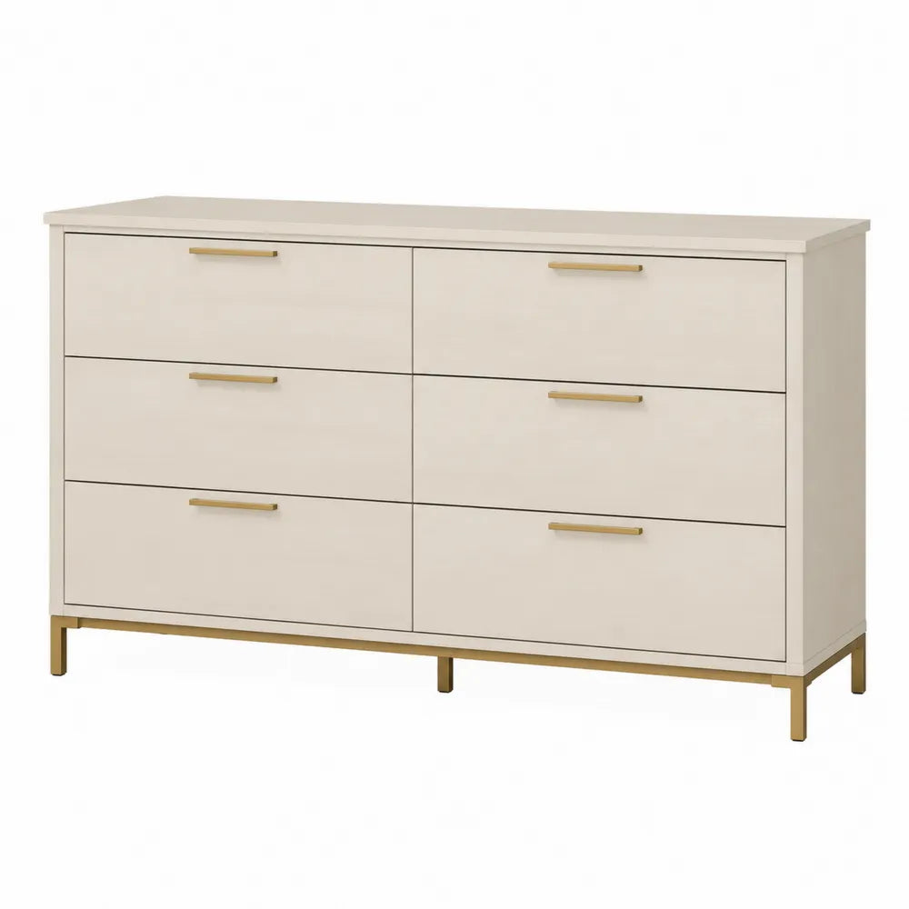 Cajonera de 6 cajones de madera contrachapada beige con asas de metal dorado, 120x40x80 cm