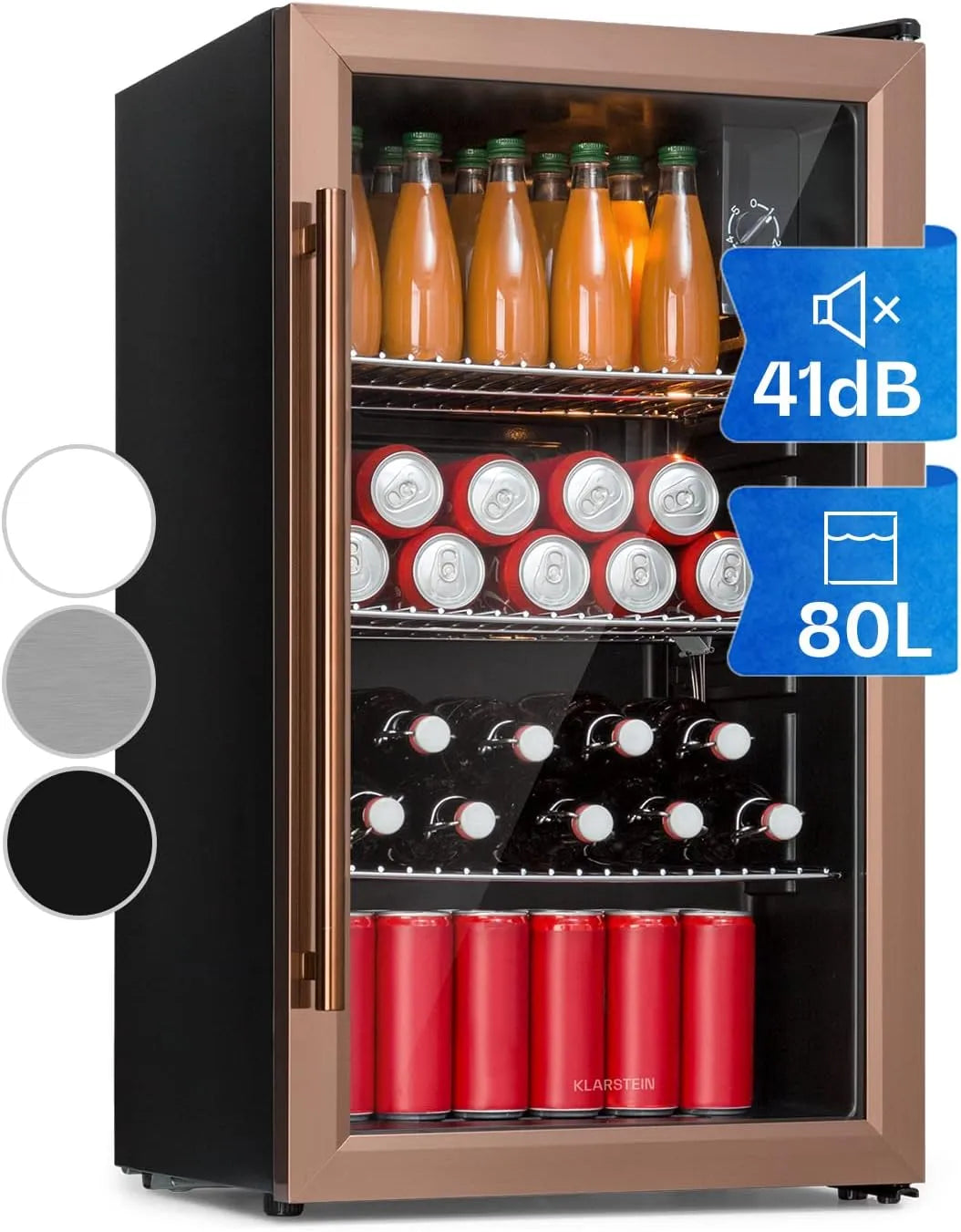 Klarstein, Minichladničky, Beersafe Beversafe Lednice 80 L - Lednice se skleněnými dveřmi, měď, Bílá, 80 L, 41 dB, 4 x 44 x 84 cm, 20 kg