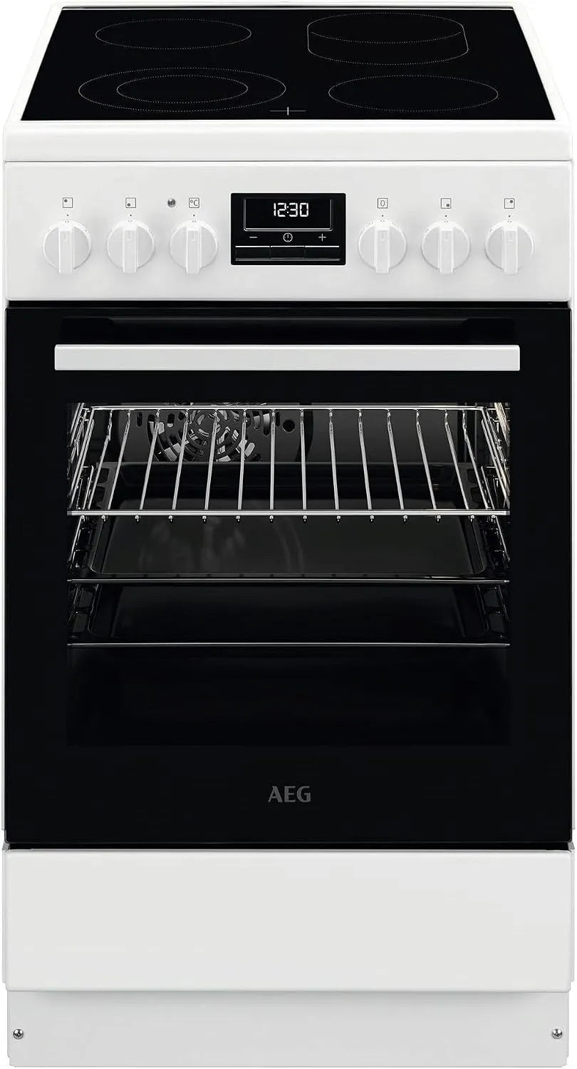 AEG CCB544OCBW, Sporáky, stojící sporák se skleněnou keramickou varnou deskou, 50cm, A, 1 pár, Bílá, 4L, 6L, 33cm