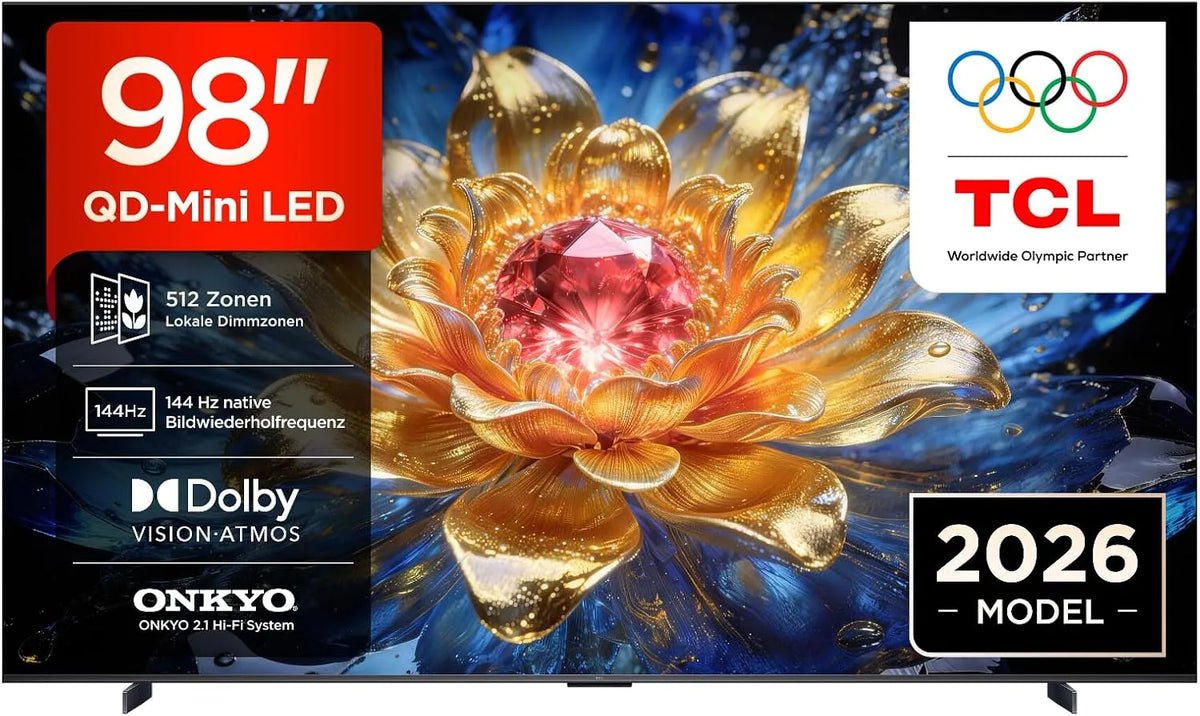 TCL 98T8D, Přenosné televizory, QD- mini LED 98 palců TV, 4K Smart TV, Google TV, 144 Hz, Černá, mini LED, 4K, QLED