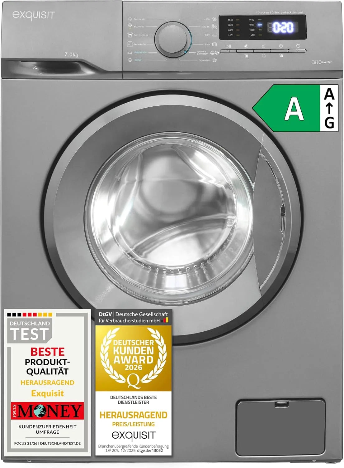 Exquisit, Pračky, Vynikající pračka 7 kg úzká - 45 cm - Inoxlook - 1400 ot. / min. - třída, Bílá, 7 kg, 45 cm, 40 kW, 37 L