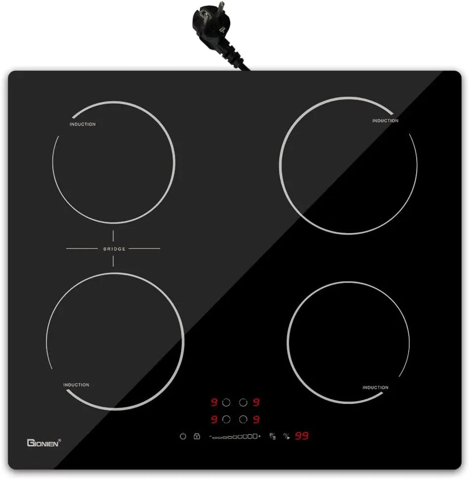 GIONIEN 16Amp GITS470SPVDE, Varné desky, Indukční sporák s zástrčkou 60cm, integrovaná zásuvka s mostovými zónami, 4, Černá, 60cm, 4 v, 2800W