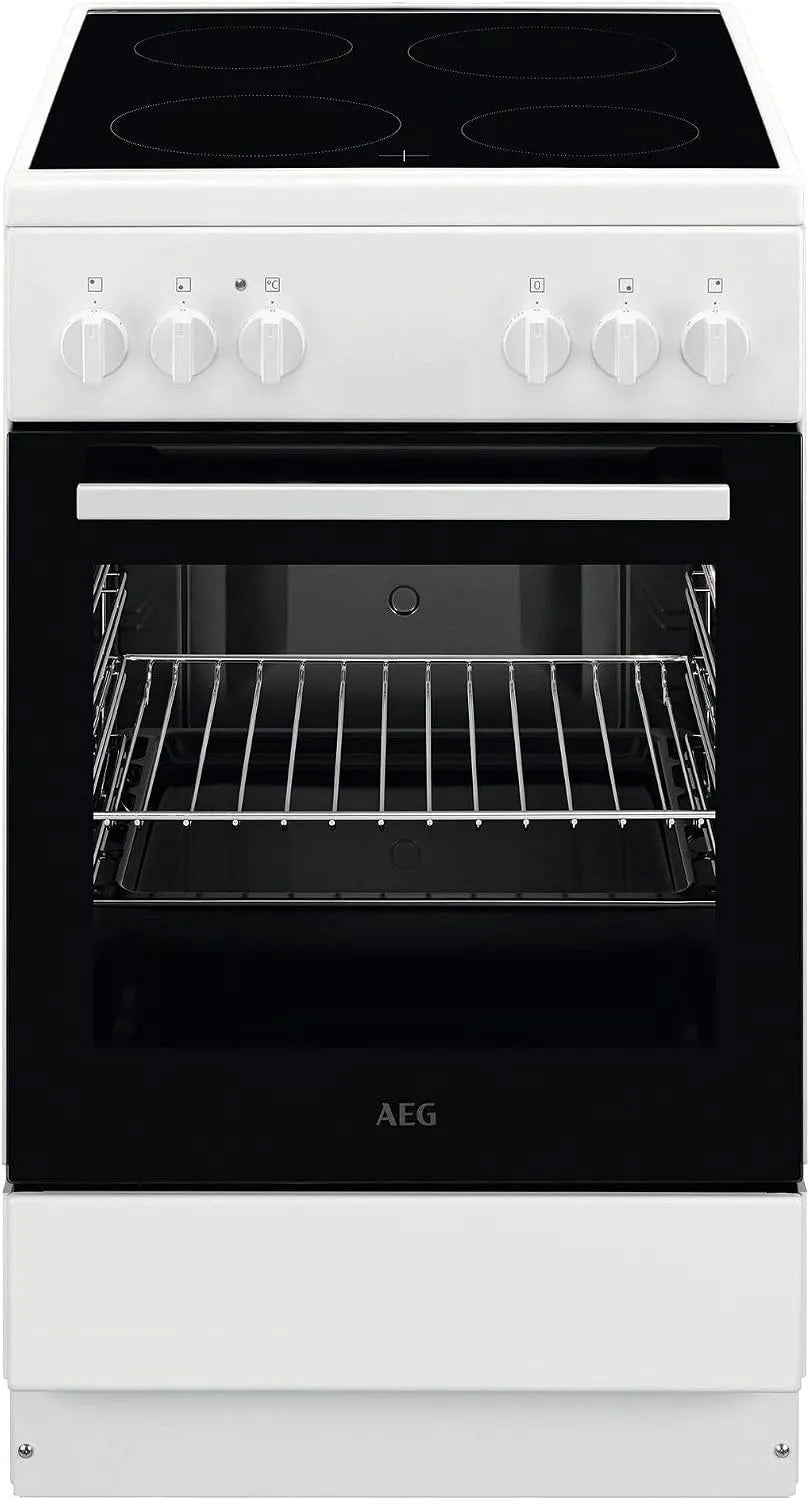 AEG CCB50090BW, Varné desky, stojící krb se skleněnou keramickou kuchařkou, 50cm, A, rychlé topení, gril, Bílá, 4L, 6L, 33cm