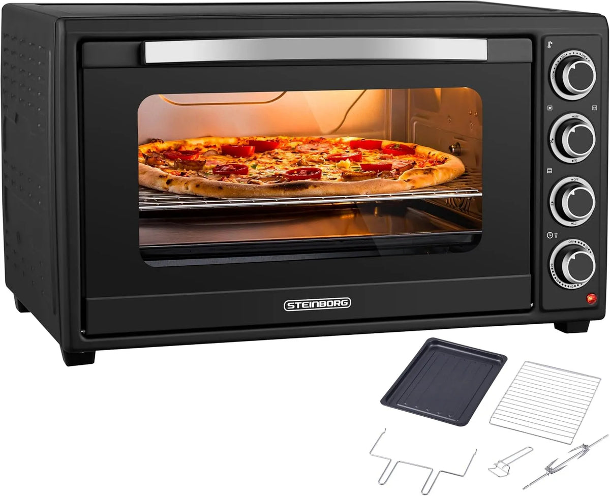 Steinborg 3-in-1, Mini trouby, ® Mini trouba 60 litrů s cirkulujícím vzduchem a rotační skewer, 2000W stolní, Černá / stříbrná, 60 l, 2000W, 1 v