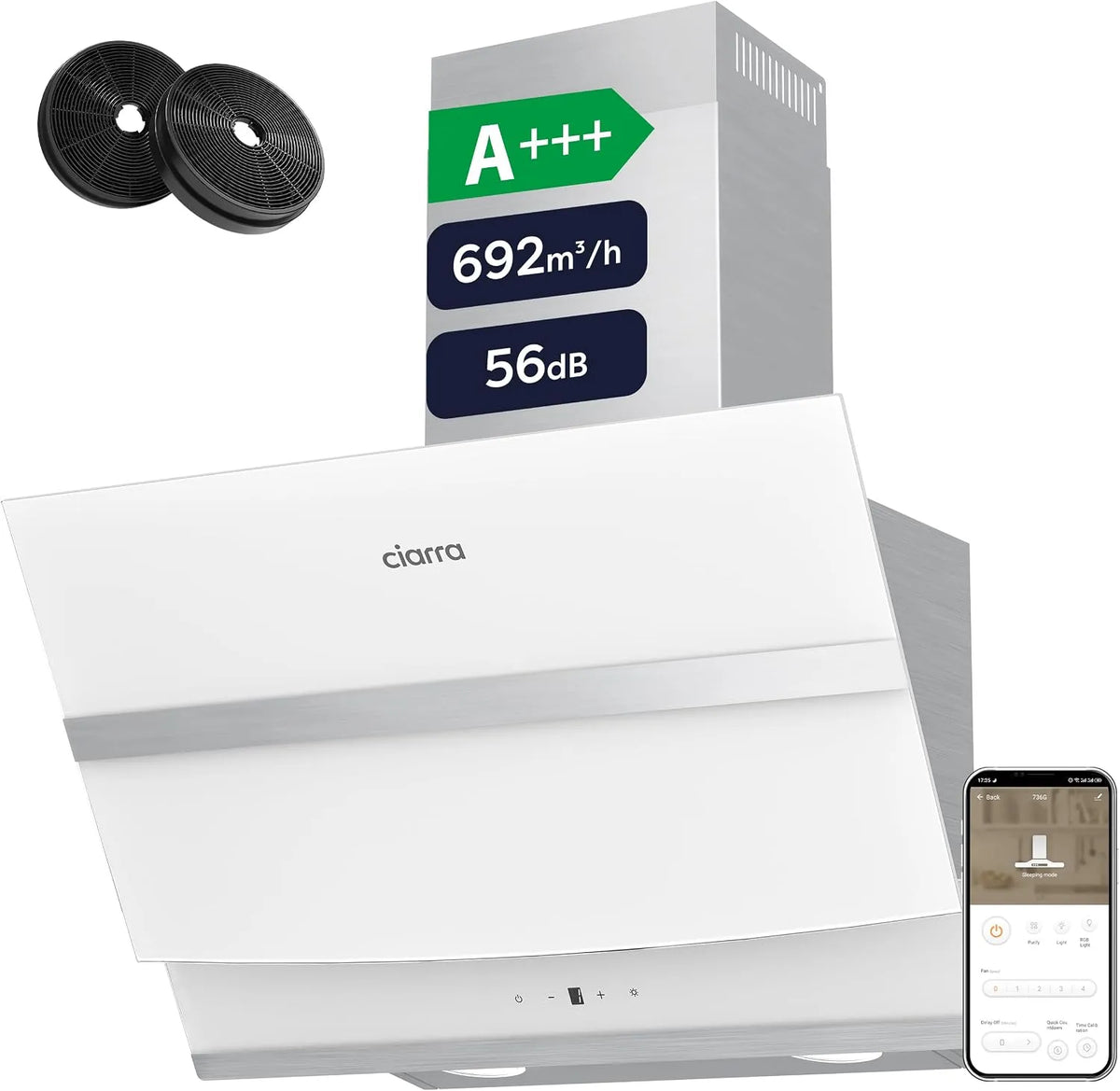 CIARRA CBCW6736N, Nástěnné digestoře, A + + + rozsah kapoty 60 cm 692 m3 / h WLAN App Controlled, Černá / stříbrná, 60 cm, 56 dB, 150 mm