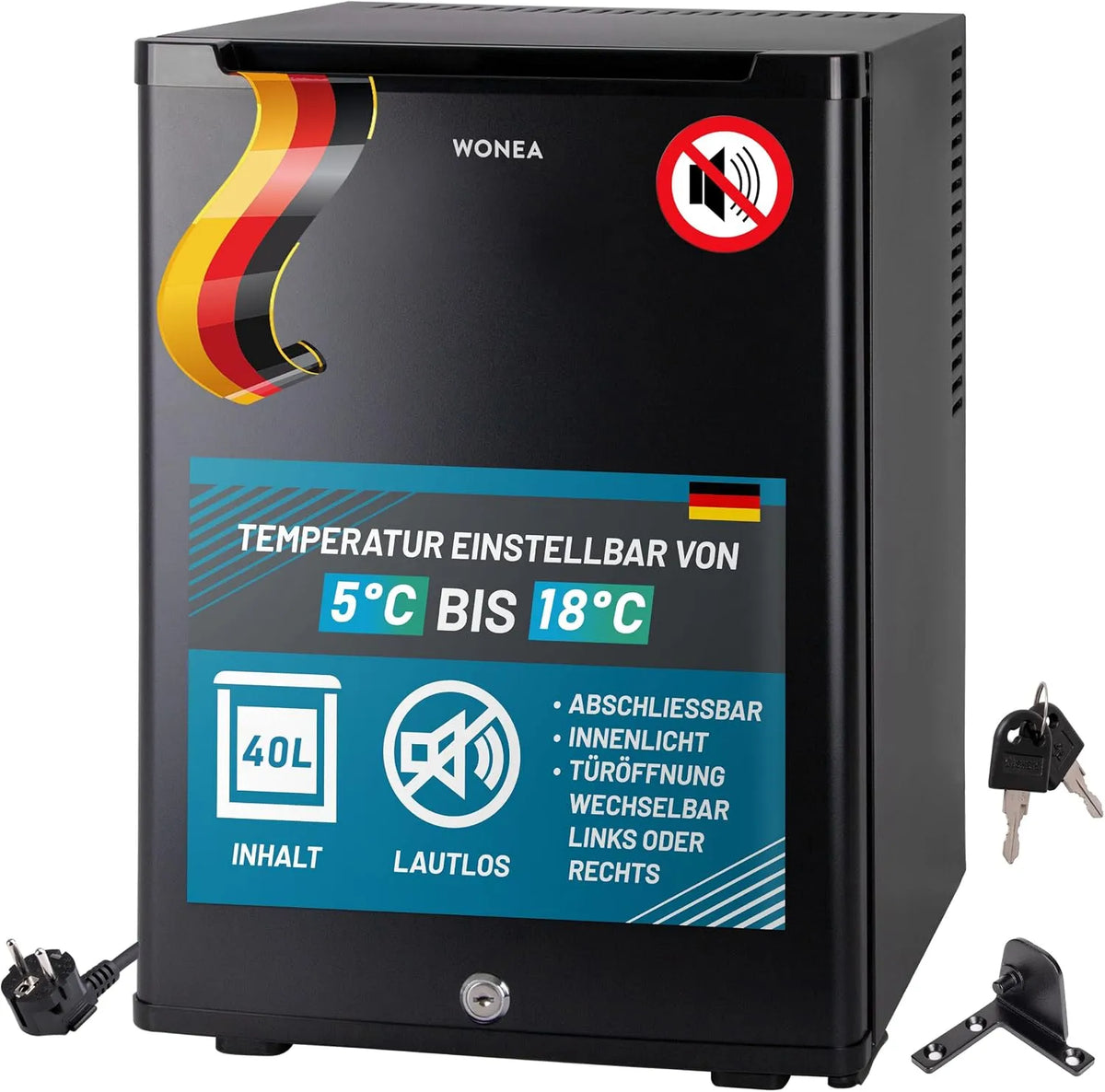 WONEA, Minichladničky, 40 litrů Mini lednice LAUTLOS bez hluku, minibar s blokem, 5 ° -18 ° C, Bílá, 40 l, 0dB, 36 l, 60 kW