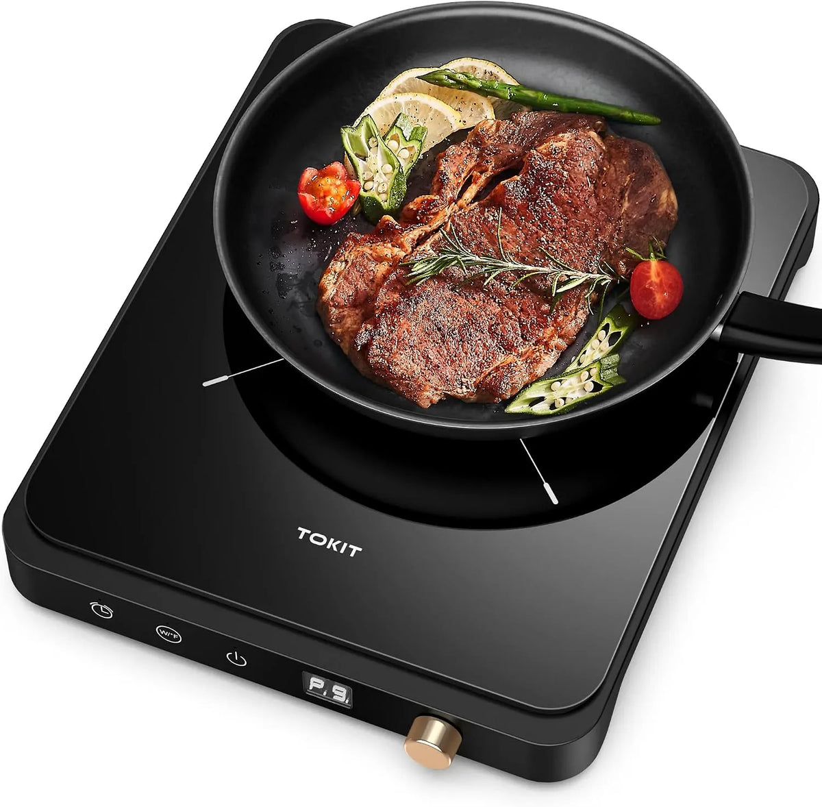 TOKIT 3-Stunden-Timer 9-Leistungseinstellung, Elektrické vařiče, 9-Temperaturstufen Táboření Indukce 1 Talíř, 2000W Indukce Cooktop Mobile 9, Černá