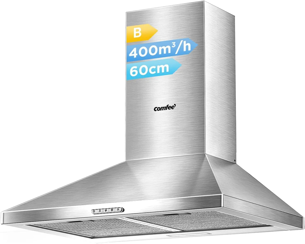 Comfee, Nástěnné digestoře, 60 cm ohniště extraktor kapota nerezová ocel extraktor kapota s LED a, Stříbrná, 60 cm, 600 mm, 600 × 450 × 569 mm