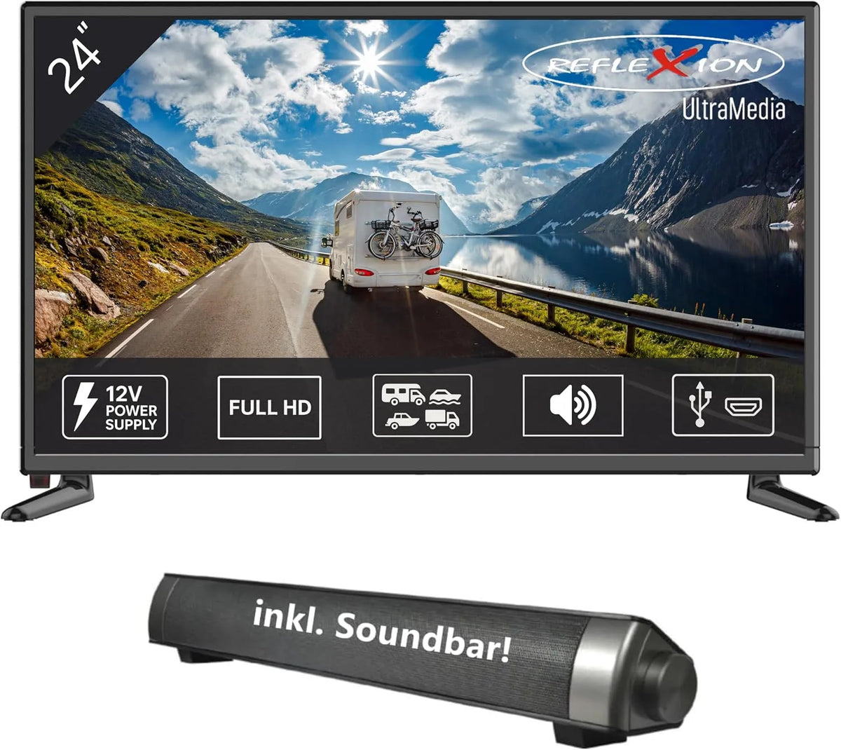 REFLEXION LED2425SB, Přenosné televizory, Reflection 24 palcová TV s Soundbar - 12V autoadaptér pro karavany a obytné domy, Černá, 12V, Full HD