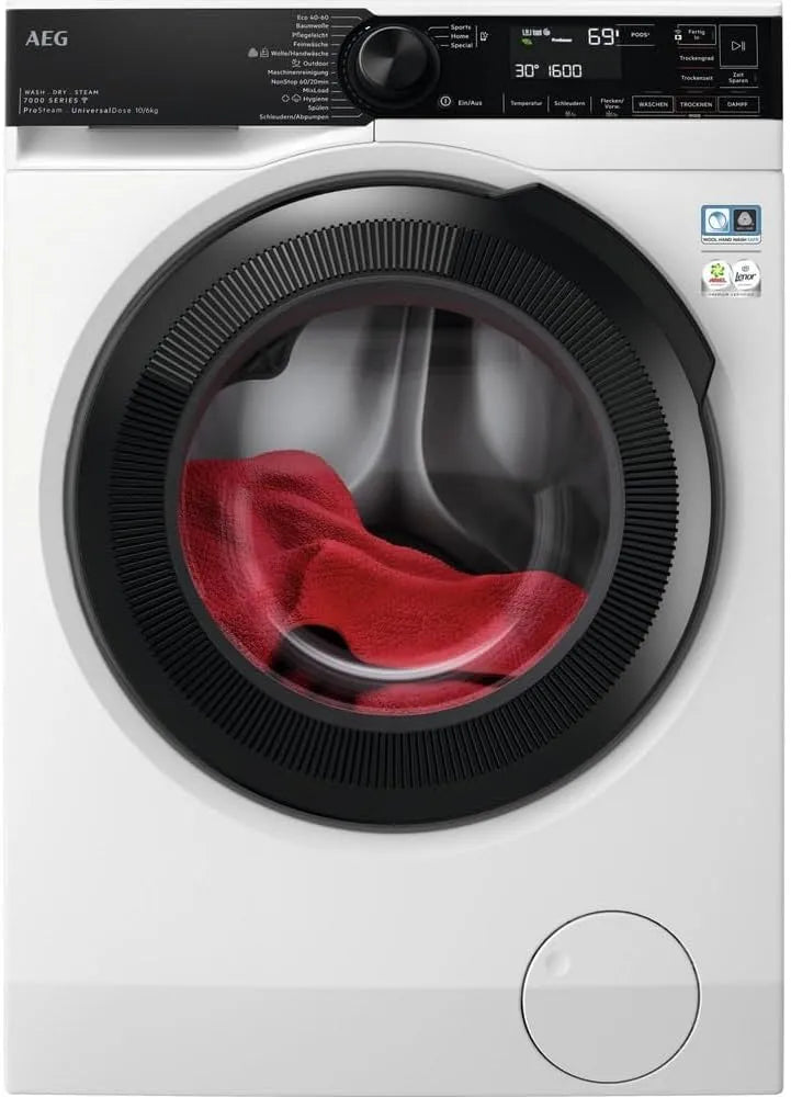 AEG LWR7E106EX, Pračky se sušičkou, přední nádržka na praní 10 kg + 6 kg WiFi EEK: D (stupnice A až G), Bílá, 10 kg, 6 kg, 7000 L, 2 l