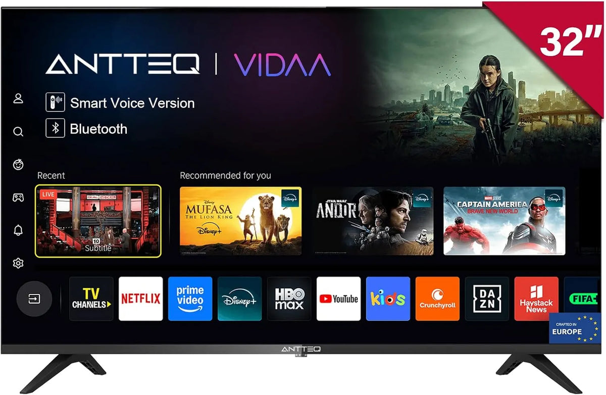 Antteq DVB-T2/S2/C V32-AH3.Q1D-BT, Televizory, Smart TV 32 palců Bluetooth (LED TV 80cm) TV, HD, Vidaa OS, App Store, Netflix /, Černá, 80cm, 3l