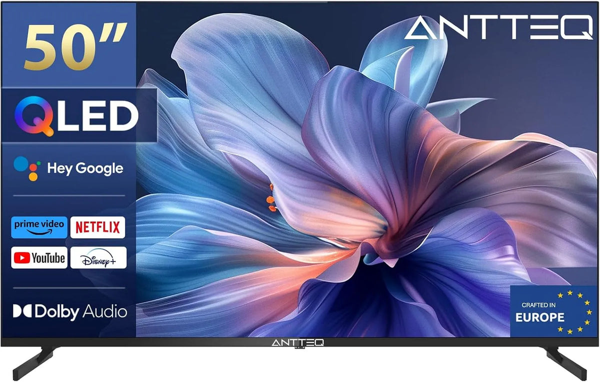 Antteq GHz/5 Q50-AGU1.Q1, Televizory, 4K UHD QLED TV 50 palců Smart TV HDR10 Android TV s Triple Tuner, App Store, Černá, 4K, QLED, 2.4 G, 5 G