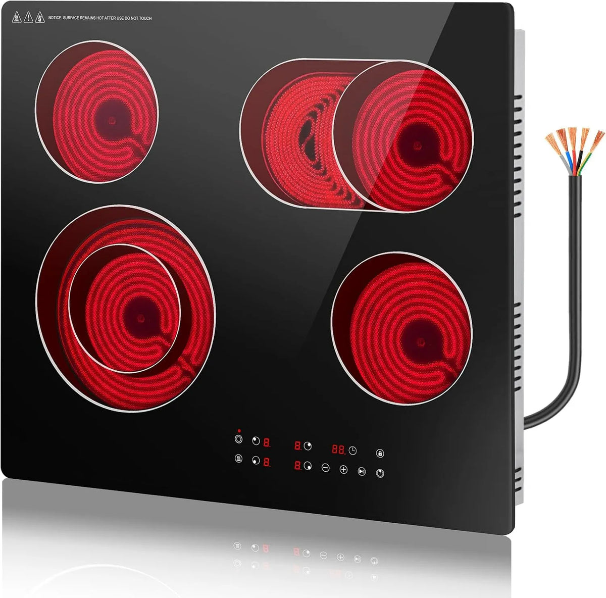 GRACEALL EU46T1-1R, Varné desky, 60 cm Skleněná keramická varná deska 4 zóny, infračervená elektrická varná deska, Černá, 60 cm, 230V, 6300 W