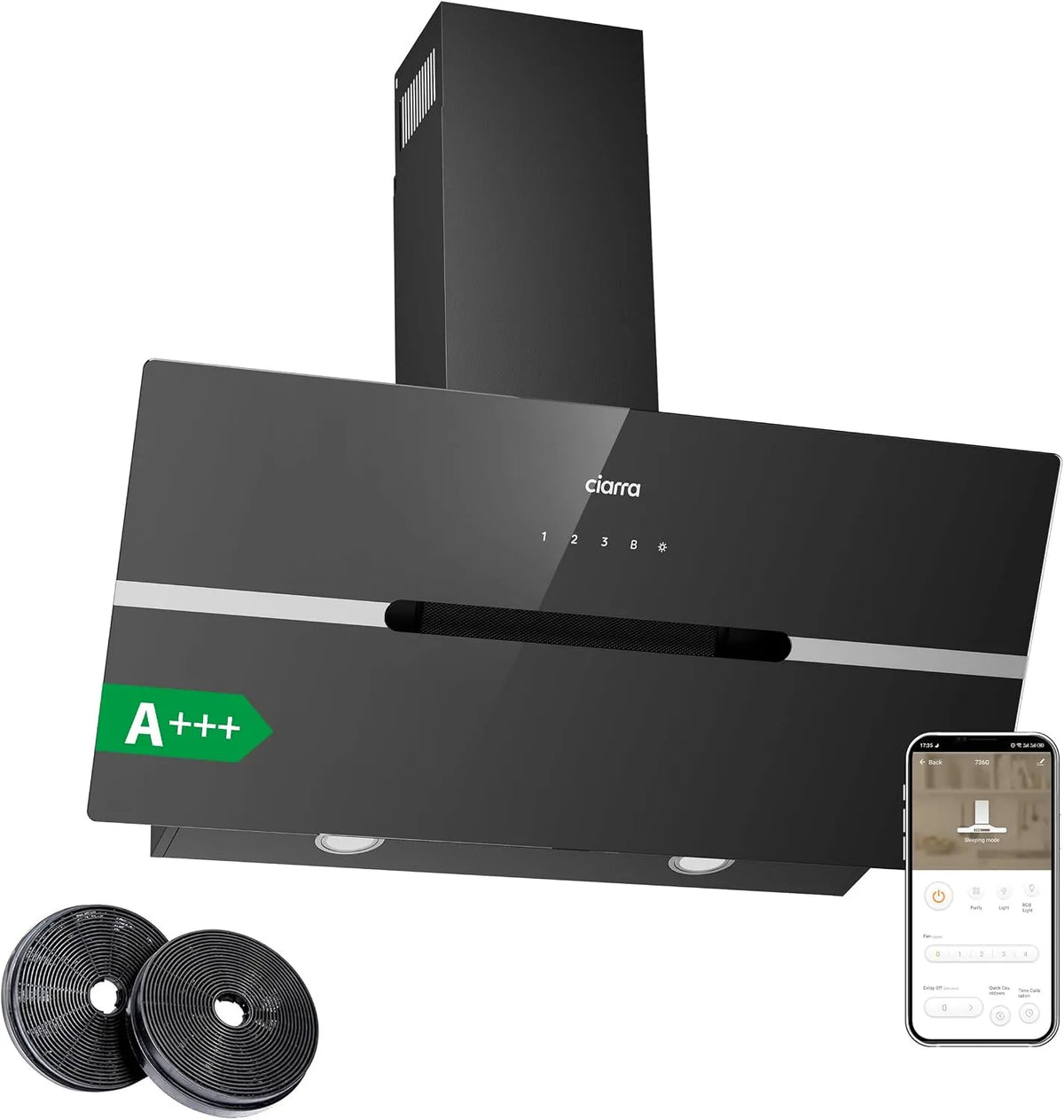 CIARRA AWB9736F 650m3, Nástěnné digestoře, 90cm A + + Fumová extraktor 90 cm cirkulující vzduch Bezhlavý sklopný kryt / h, Černá, 90cm, 12 kW