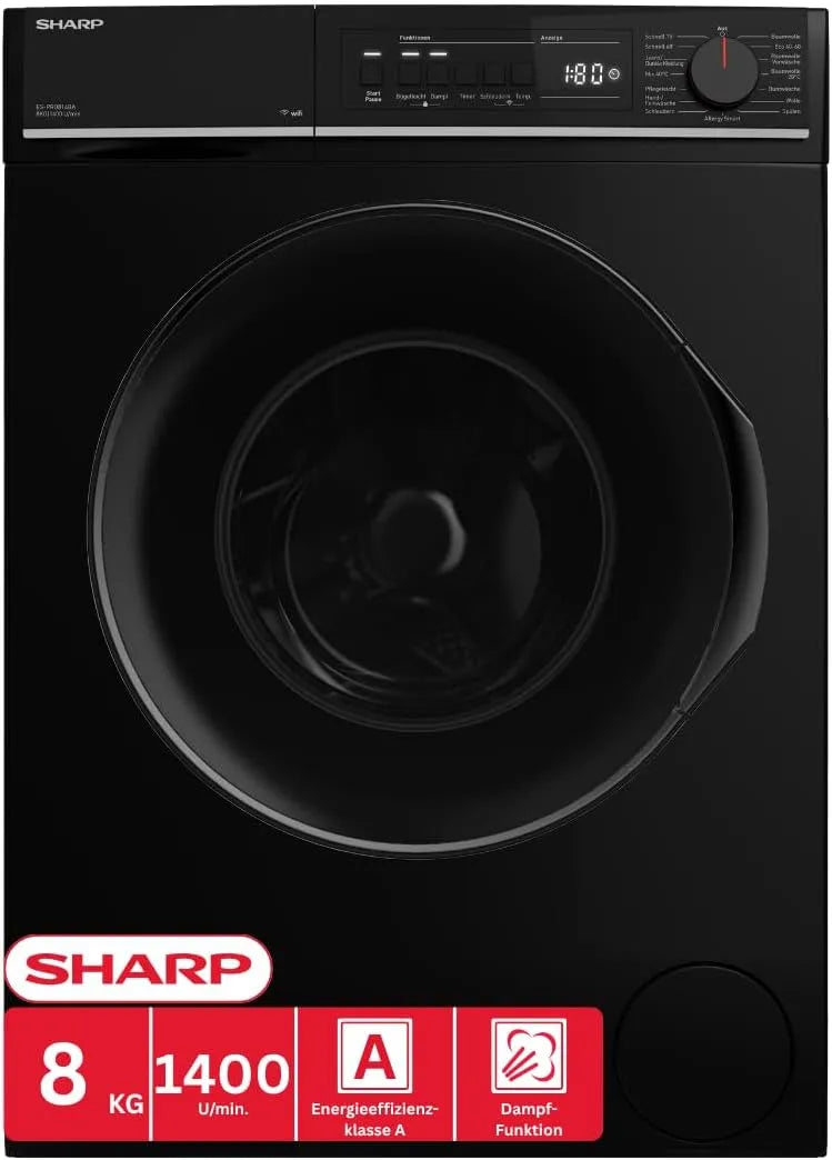 SHARP ES-PRO814BA-DE, Pračky, pračka (8 kg, EEK A, 1400 ot. / min.), (WiFi, měnič motoru, páry, AquaStop), černá, 8 kg