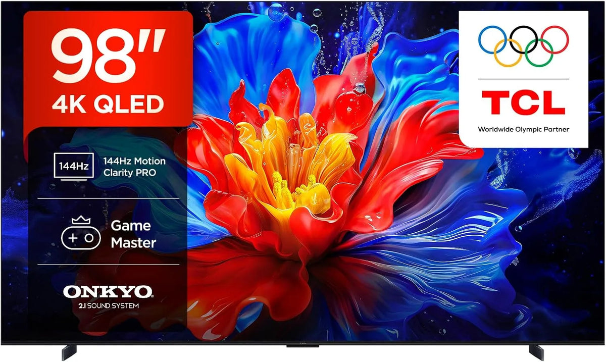 TCL 98P8K, Televizory, 98 palců QLED 4K HDR UHD TV, Smart Google TV (Dolby Vision & Atmos, 144Hz Motion, Černá, QLED, 4K, 144Hz, 120Hz