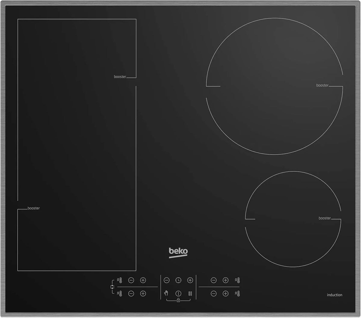Beko Stromverbrauch/5, Varné desky, Induction Kochfeld HII 64200 FMTX / Flexibilní Kochfeld pro všechny vaše hrnce a, Černá, 2 x 58 x 51 cm, 14 l