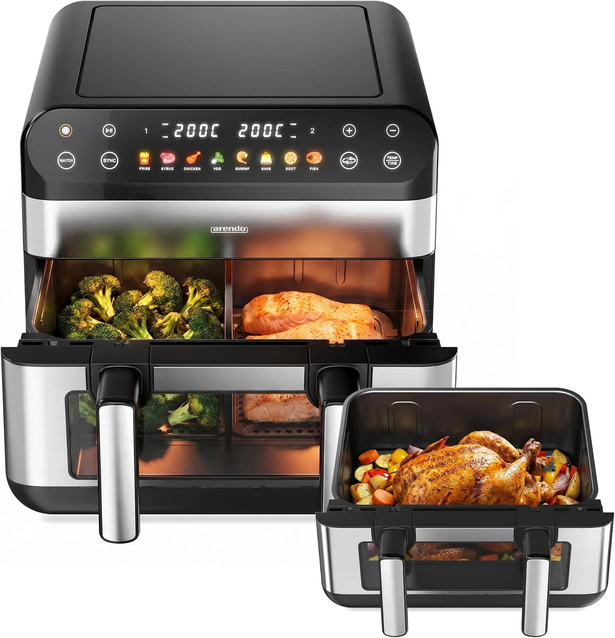 Arendo, Horkovzdušné fritézy, Hot Air Fryer XXL 10 l - 2 komory / 1 komora Match Function - Extra Large, Černá / stříbrná, 10 l, 5l, 2400 W