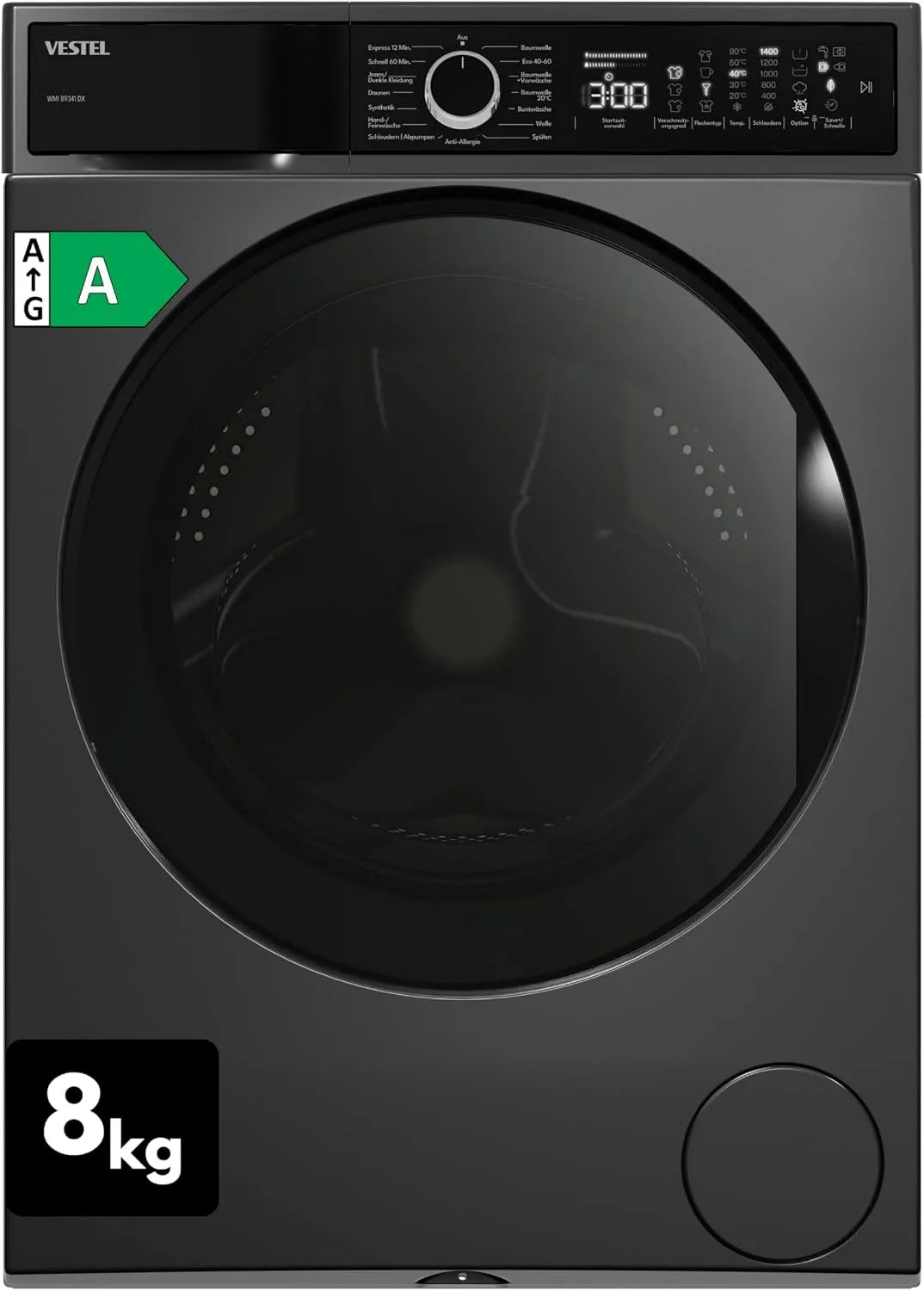 Vestel, Pračky, WMI 89341 DX Přední nakladač pračky, 8 kg, 1400 ot. / min., motor měniče, pára, Stříbrná