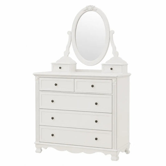 Cómoda de madera blanca con espejo ovalado, 5 cajones