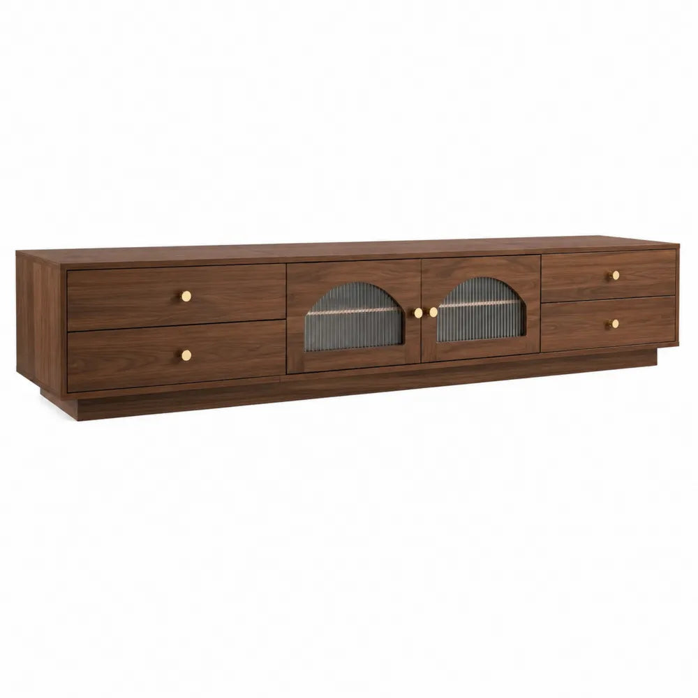 Mueble de TV de madera de nogal con puertas de vidrio estriado y 4 cajones 200cm