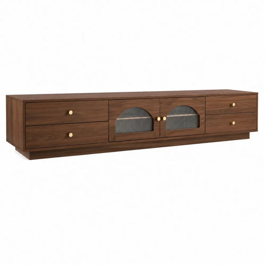 Mueble de TV de madera de nogal con puertas de vidrio estriado y 4 cajones 200cm