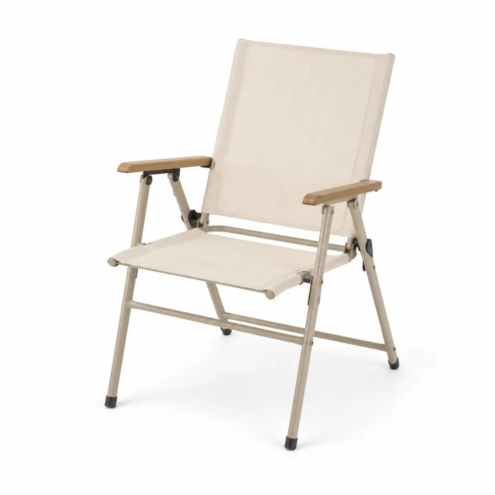 Silla plegable de aluminio y madera con tela de poliéster beige
