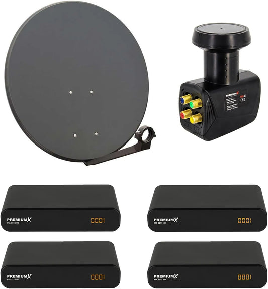 Premium X, ZXQKEEP0QXZ, X, Kompletní satelitní zařízení, X satelitní plný systém 4 předplatitelé 80cm satelitní miska SAT Quad LNB 4X HD, Černá