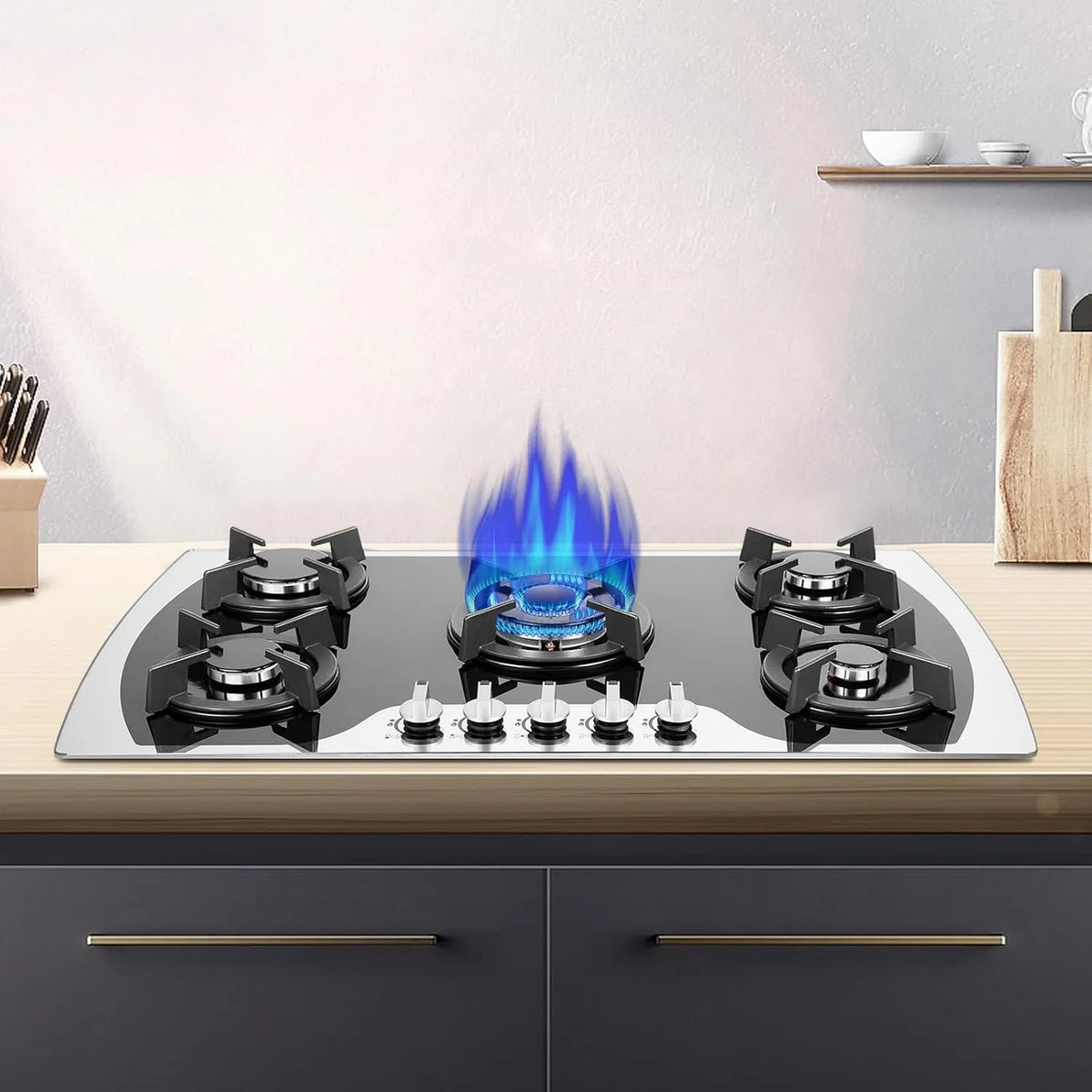 DSYOGX, Varné desky, 5 zón plynová varná deska, Kochfeld Glas 90cm - 5 Flame Gas Kochfeld - Built- in, Černá, 90cm, 10236 BTU, 9383 BTU