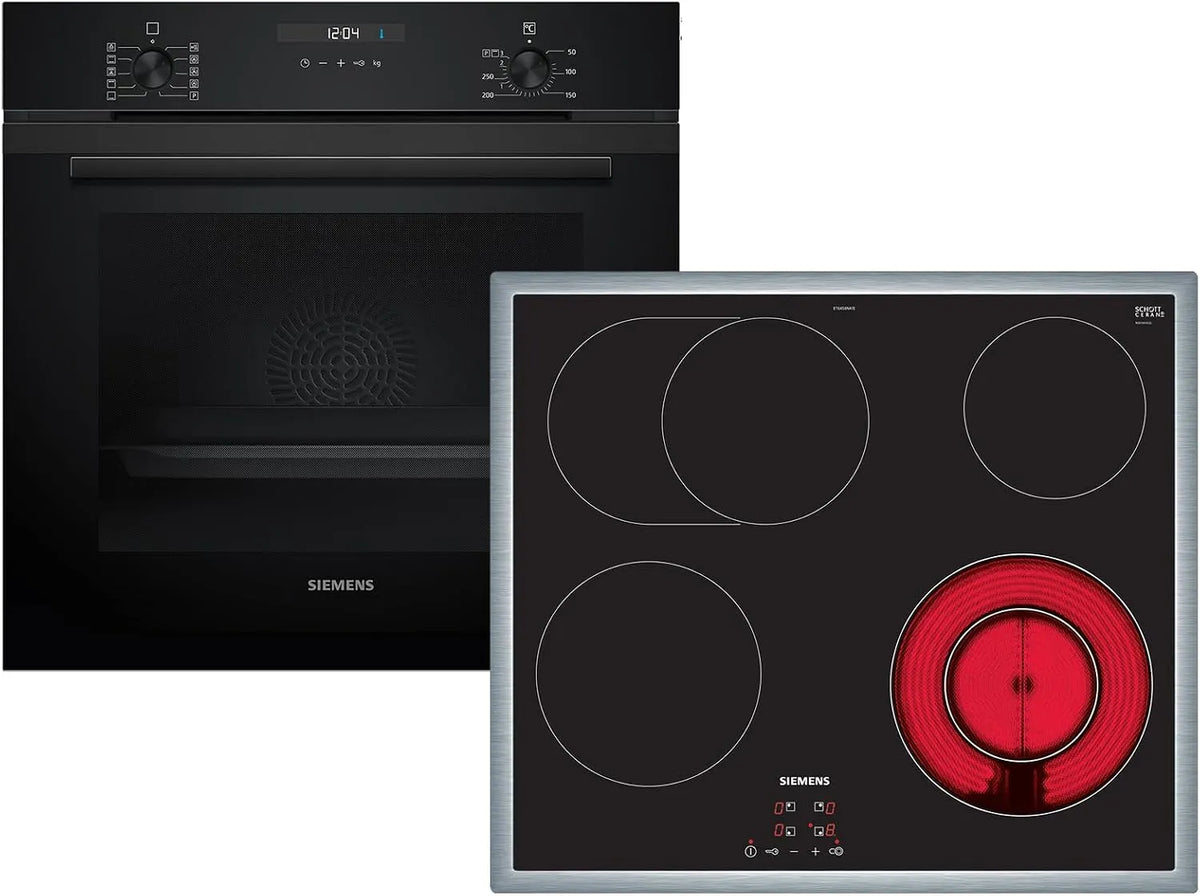 Siemens EQ522K1BZ HB237GBB3, Sety sporáku a trouby, Sada Zadní trouba Deep černá Inox + skleněná keramická kuchařka sama o sobě, Černá / stříbrná