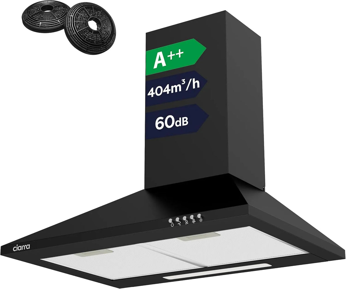 CIARRA CBCB6201, Nástěnné digestoře, A + + vzdálenost kapoty 60 cm 60 dB 404 m3 / h recirkulovaný vzduch z výfuku, Černá / stříbrná, 60 cm, 60 dB