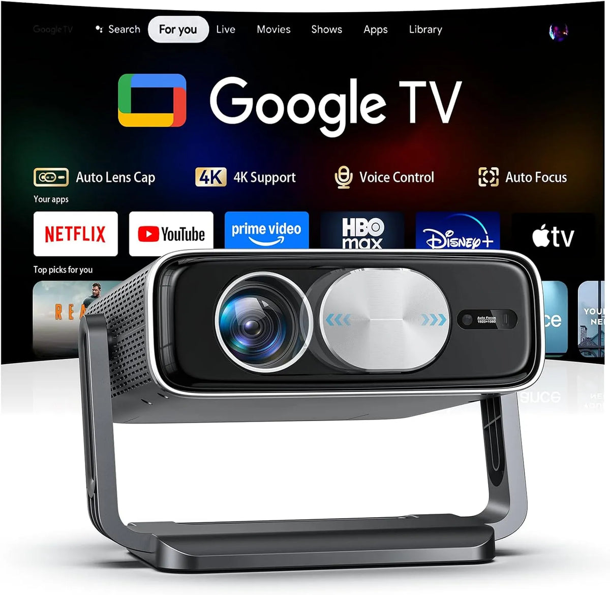 Pemoon 2500ANSI 1080P, Projektory, Chytrý srst s Google TV Stick Automatické objektivy pokrytí, přehrávač 4K Domácí, Černá, 4K, Full HD