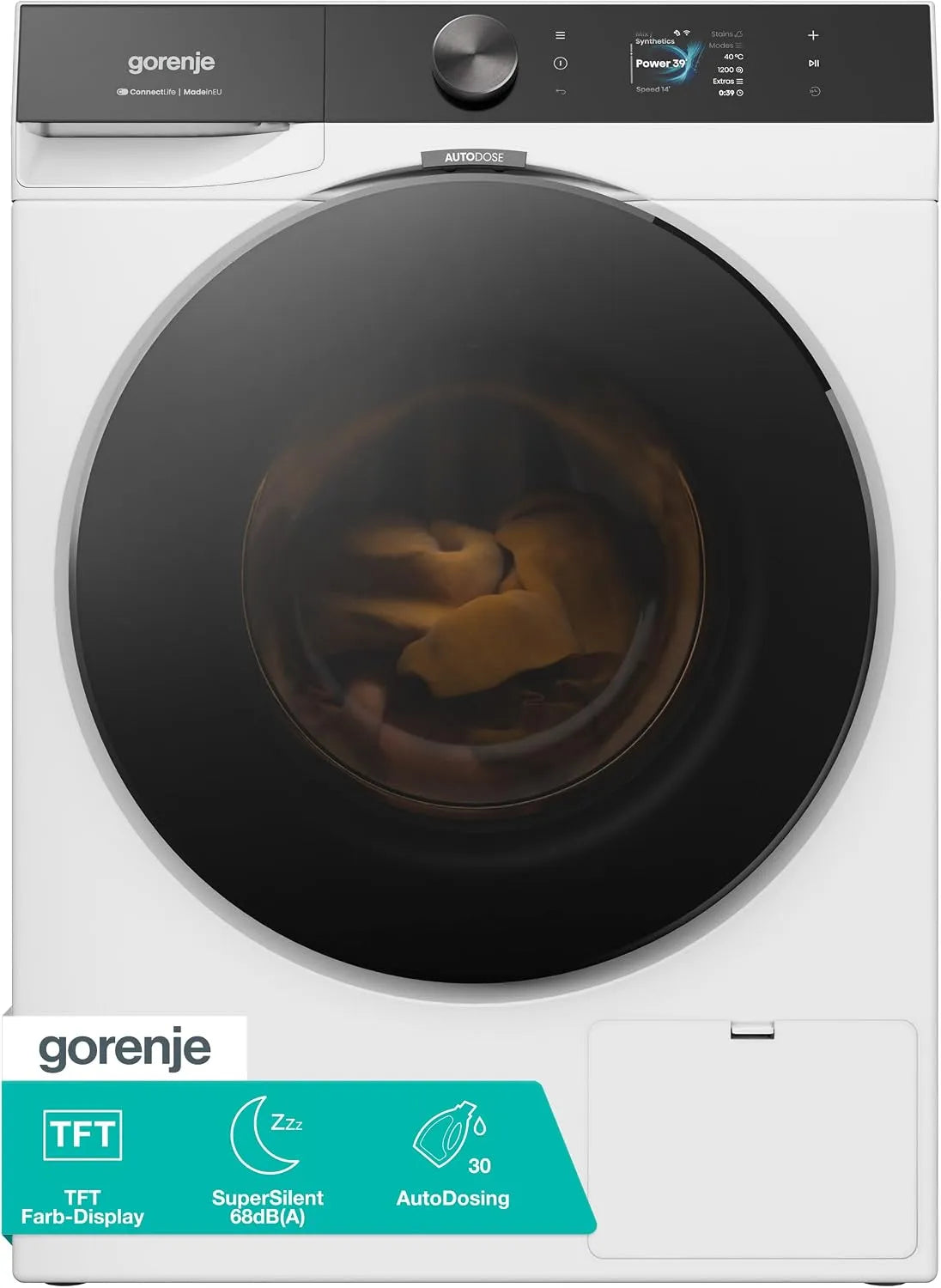 Gorenje WG814A5T4, Pračky, pračka s funkcí páry, 10kg, 1400 ot. / min, 20 programů, TFT barevný displej, Bílá, 68 db