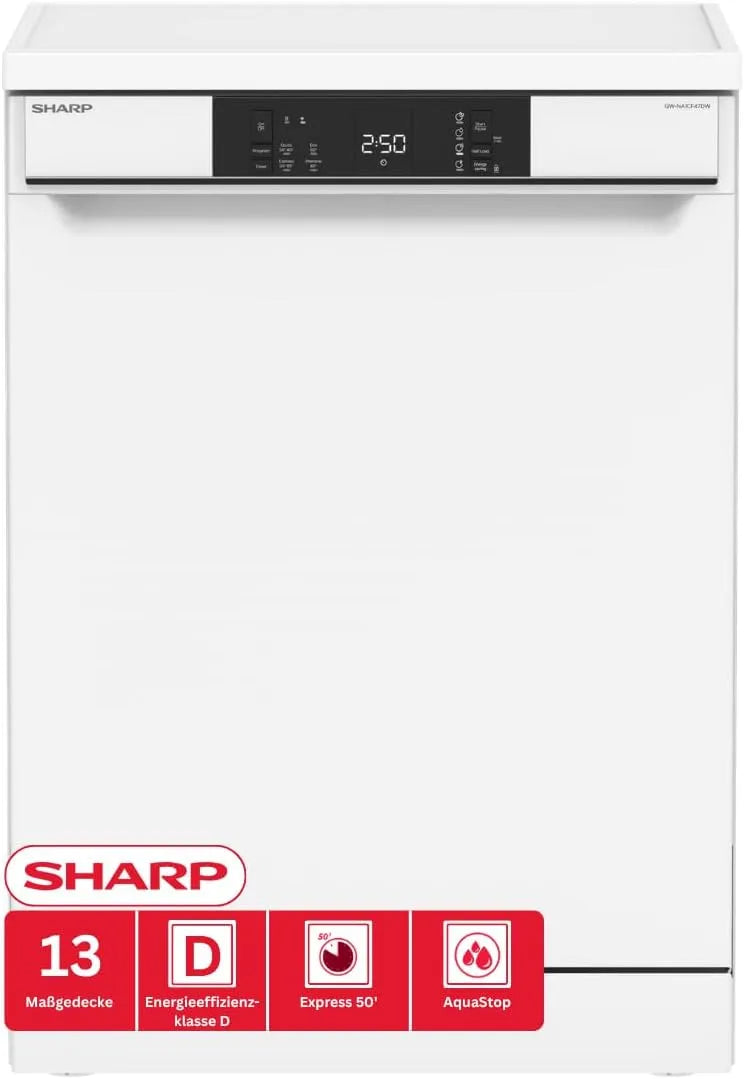 SHARP QW-NA1CF47DW-DE, Myčky nádobí, 60 cm, Volně stojící myčky nádobí 60cm, 13 šitých stropů, 4 programy, AquaStop, bílá, 47 dB