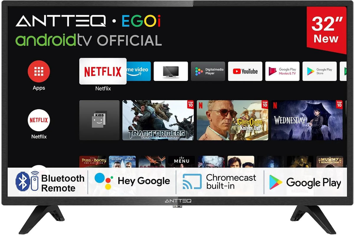 Antteq DVB-C/S2/T2 AG32H3, Televizory, Smart TV 32 palců Bluetooth (TV 80 cm) Android TV s WLAN, hlasový asistent, Černá, 80 cm, 3l, 2G, 5 G