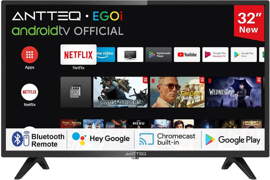 Antteq DVB-C/S2/T2 AG32H3, Televizory, Smart TV 32 palců Bluetooth (TV 80 cm) Android TV s WLAN, hlasový asistent, Černá, 80 cm, 3l, 2G, 5 G