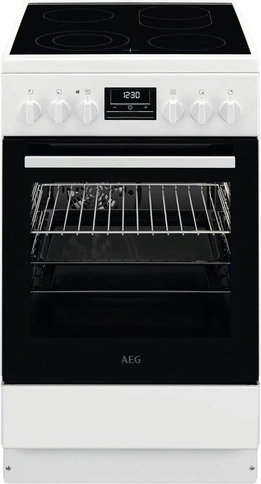 AEG CCB544OCBW, Sporáky, stojící sporák se skleněnou keramickou varnou deskou, 50cm, A, 1 pár, Bílá, 4L, 6L, 33cm