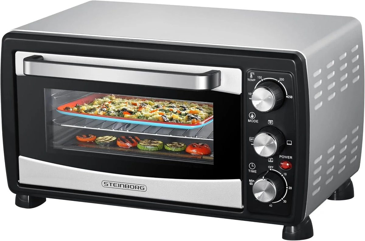 Steinborg, Mini trouby, ® Mini trouba s cirkulujícím vzduchem 20 litrů pizza trouba drobeček deska, Černá / stříbrná, 20 l, 1.400 W, 13 l