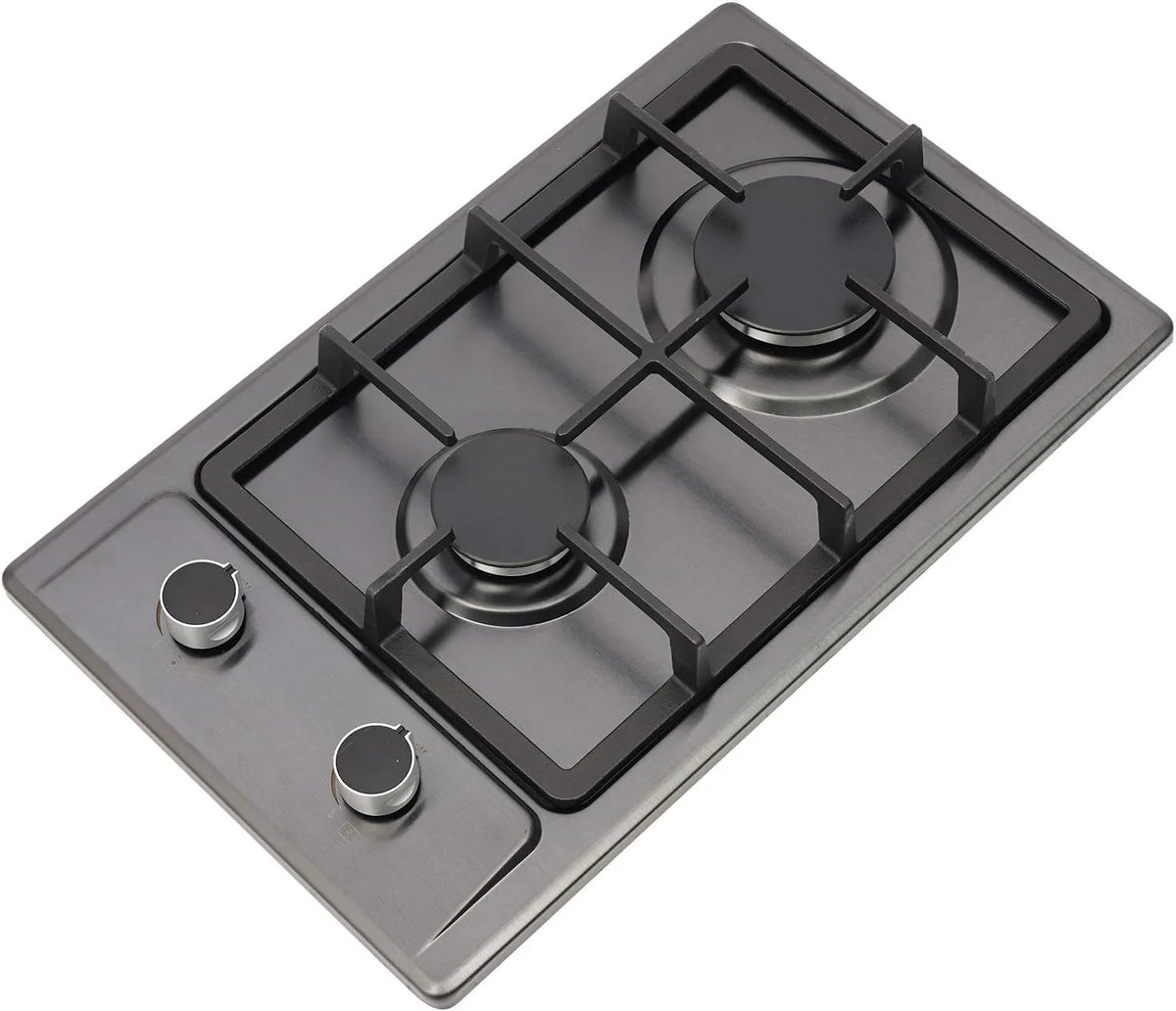 HIKUUER, Plynová sporák 2 Plamen, přenosná plynová sporák z nerezové oceli se 2 hořáky, NG, Stříbro / Černá, 51 × 31 × 10 cm, 3 kW, 1, 75 kW, 2 v