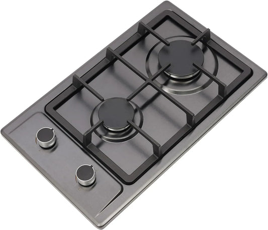 HIKUUER, Plynová sporák 2 Plamen, přenosná plynová sporák z nerezové oceli se 2 hořáky, NG, Stříbro / Černá, 51 × 31 × 10 cm, 3 kW, 1, 75 kW, 2 v