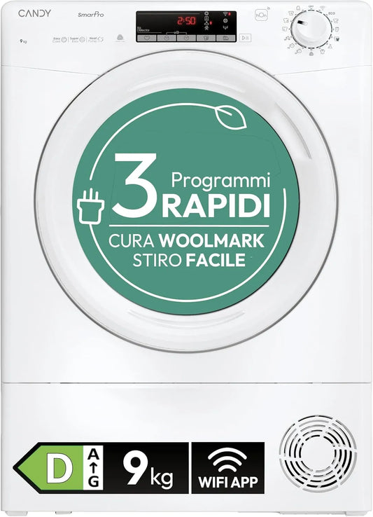 CANDY EH9N2TE-S, Sušičky s tepelným čerpadlem, Smart Pro CRO, sušička oblečení 9 kg, tepelná pumpa, inteligentní dotykový, Bílá, 9 kg, 64 dB