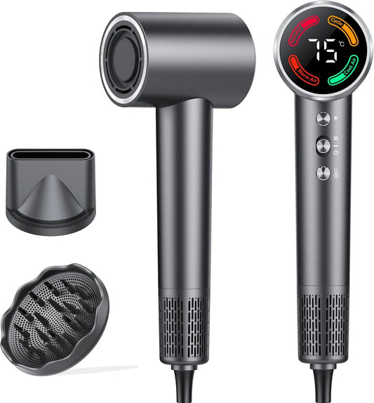 FAMOO, Vysoušeče vlasů, Vysokorychlostní fén, 160, 000 ot. / min. iontový fén, LED displej, 500 milionů, Černá, 56dB, 0, 02 mm