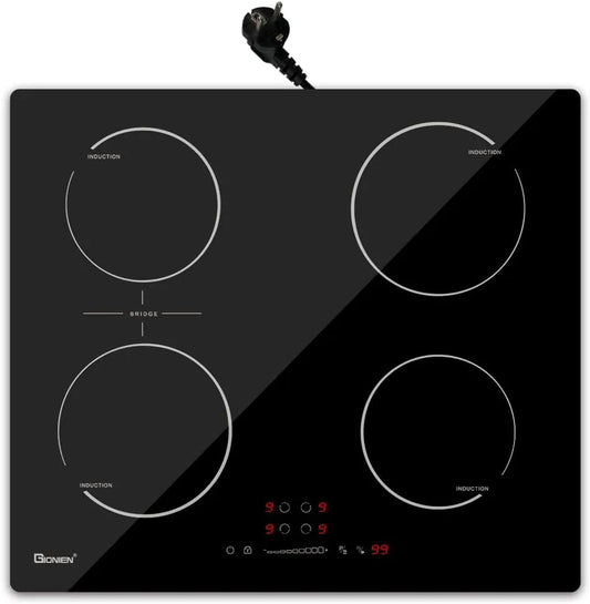 GIONIEN 16Amp GITS470SPVDE, Varné desky, Indukční sporák s zástrčkou 60cm, integrovaná zásuvka s mostovými zónami, 4, Černá, 60cm, 4 v, 2800W