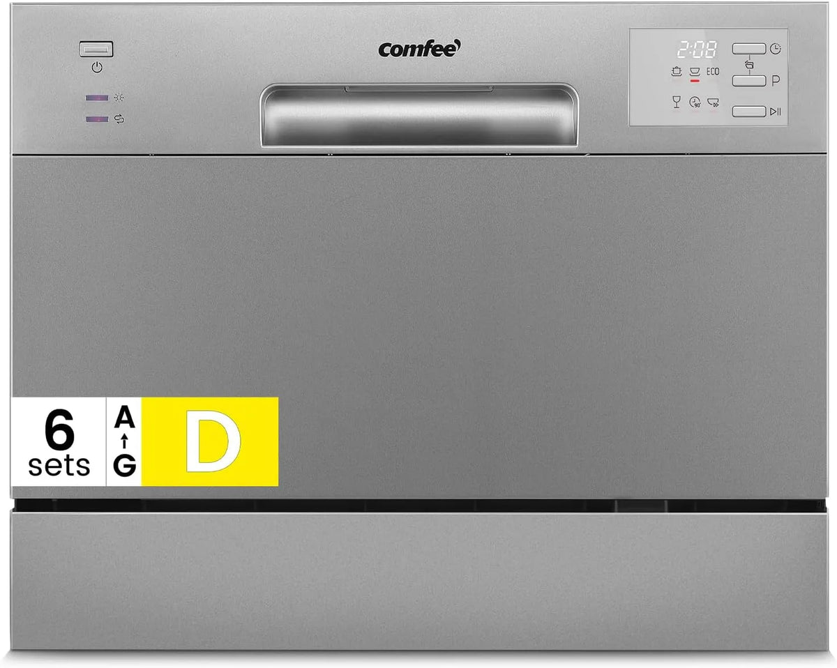 Comfee CDWMT0602ESD-EU, Stolní myčky nádobí, Compact Mini Myčka nádobí s 6 nastavením na míru, 6 programů, Clase D, LED, Stříbrná, 47 dB, 250 mm