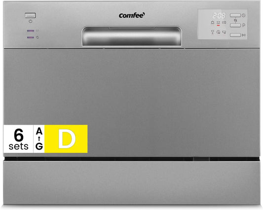Comfee CDWMT0602ESD-EU, Stolní myčky nádobí, Compact Mini Myčka nádobí s 6 nastavením na míru, 6 programů, Clase D, LED, Stříbrná, 47 dB, 250 mm
