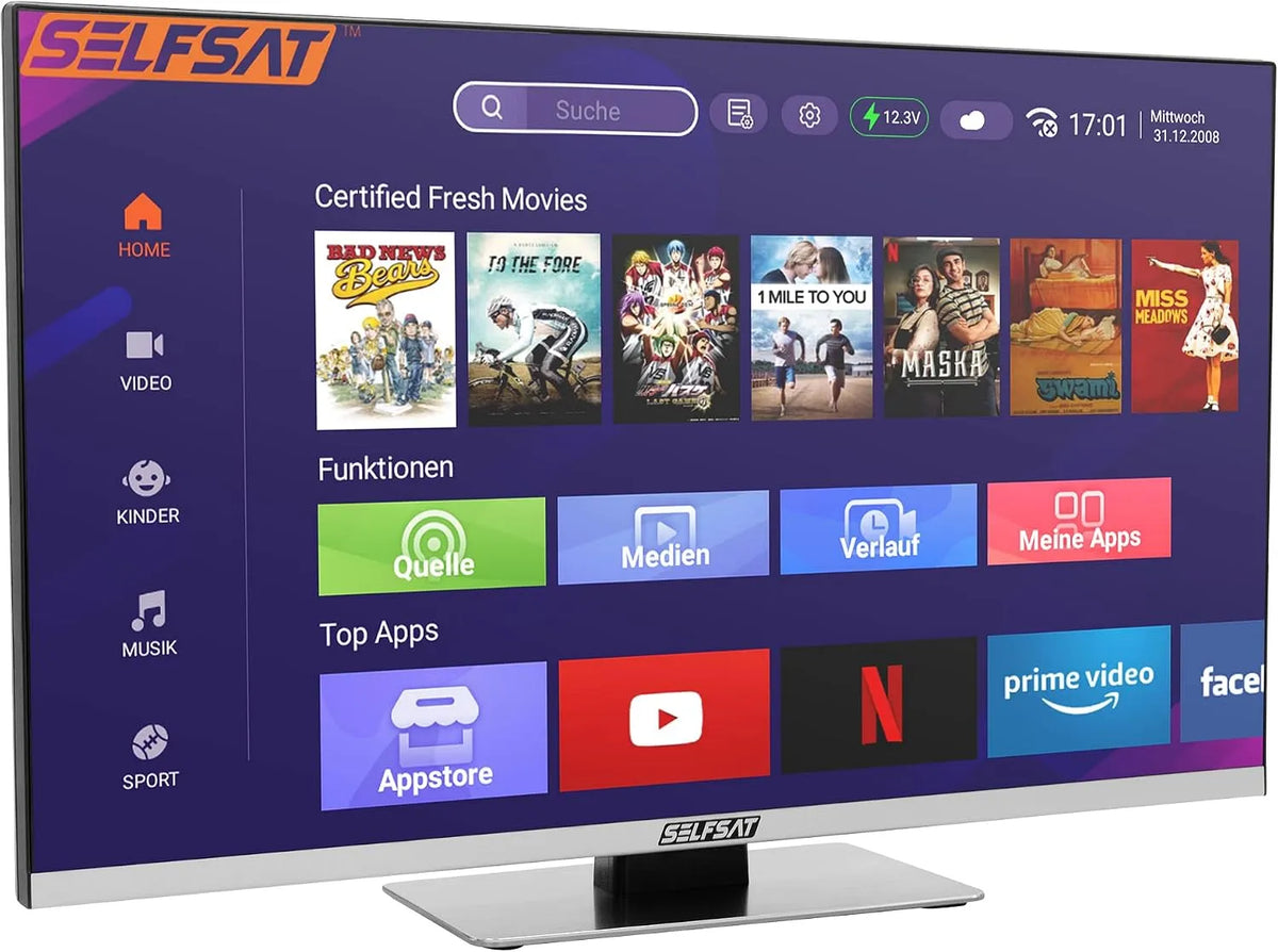 SELFSAT DVB-S2/C/T2 60cm/24, Televizory, SMART LED TV 1260 (60cm / 24) bezrámové TV včetně DVB-S2 / C / T2 HD tuner s WLAN, Černá, 60cm, FullHD