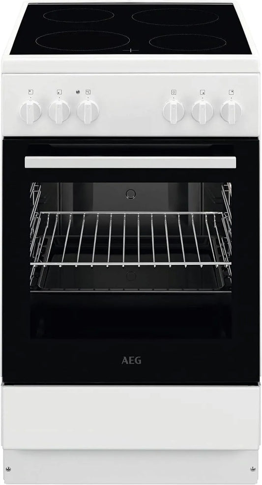 AEG CCB50090BW, Varné desky, stojící krb se skleněnou keramickou kuchařkou, 50cm, A, rychlé topení, gril, Bílá, 4L, 6L, 33cm