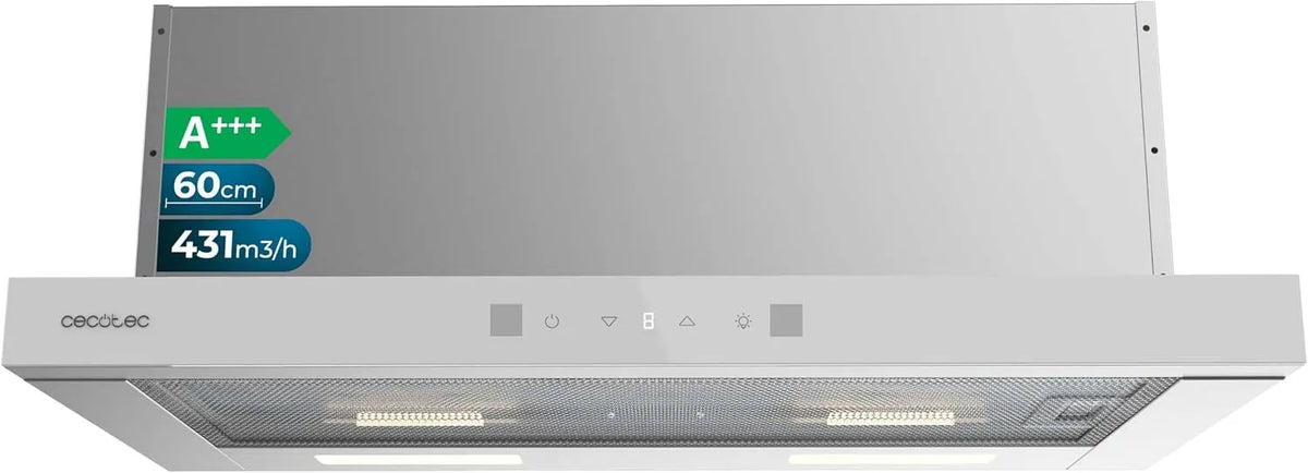 Cecotec, Podstavné digestoře, Teleskopická kapuce 60cm Bolero Flux, 431, 2 m3 / h, energetická třída A + + +, DC, Černá / stříbrná, 60cm, 604400 v