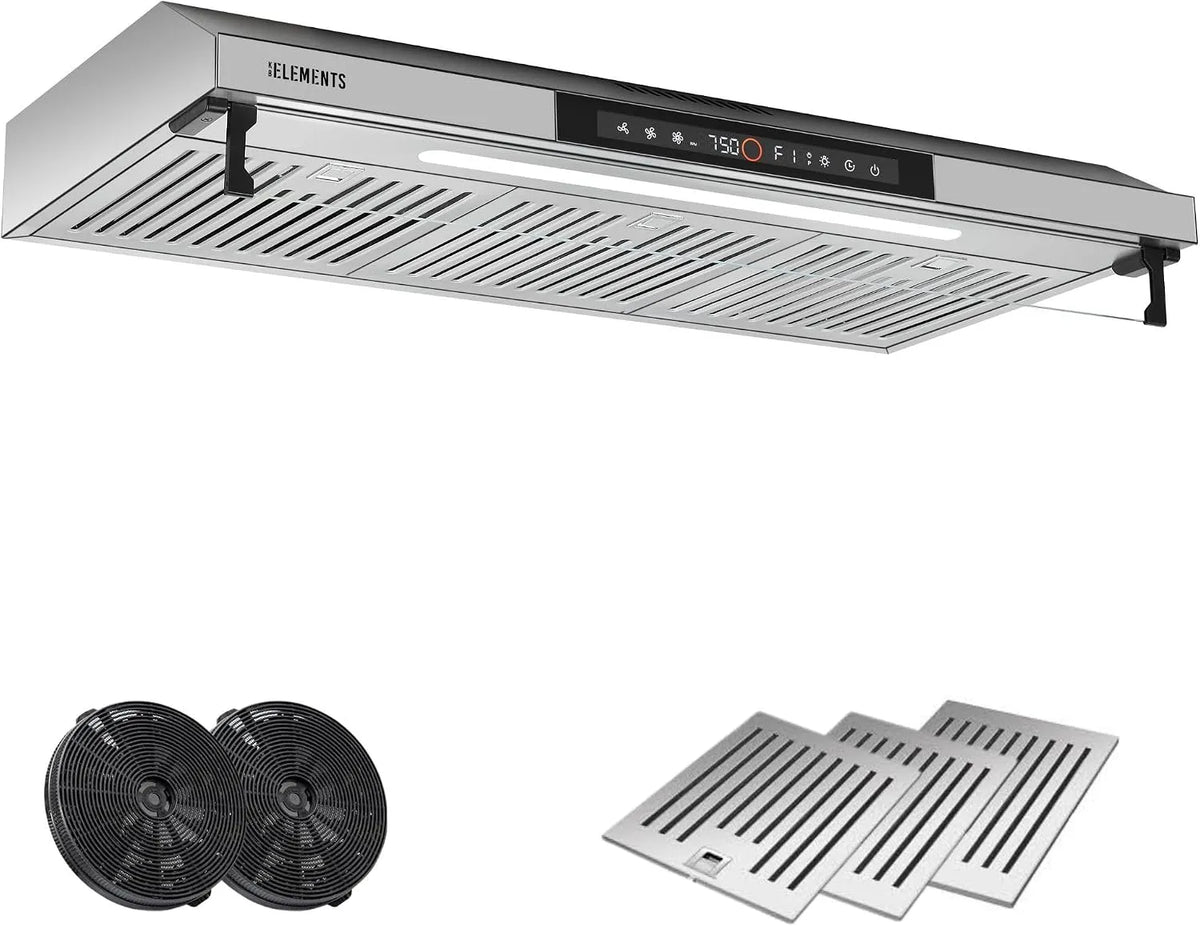 KB ELEMENTS 650m3, Podstavné digestoře, průchodová kapota 90cm, cirkulující vzduchová / výfuková kapota s / h silným, Černá / stříbrná, 90cm